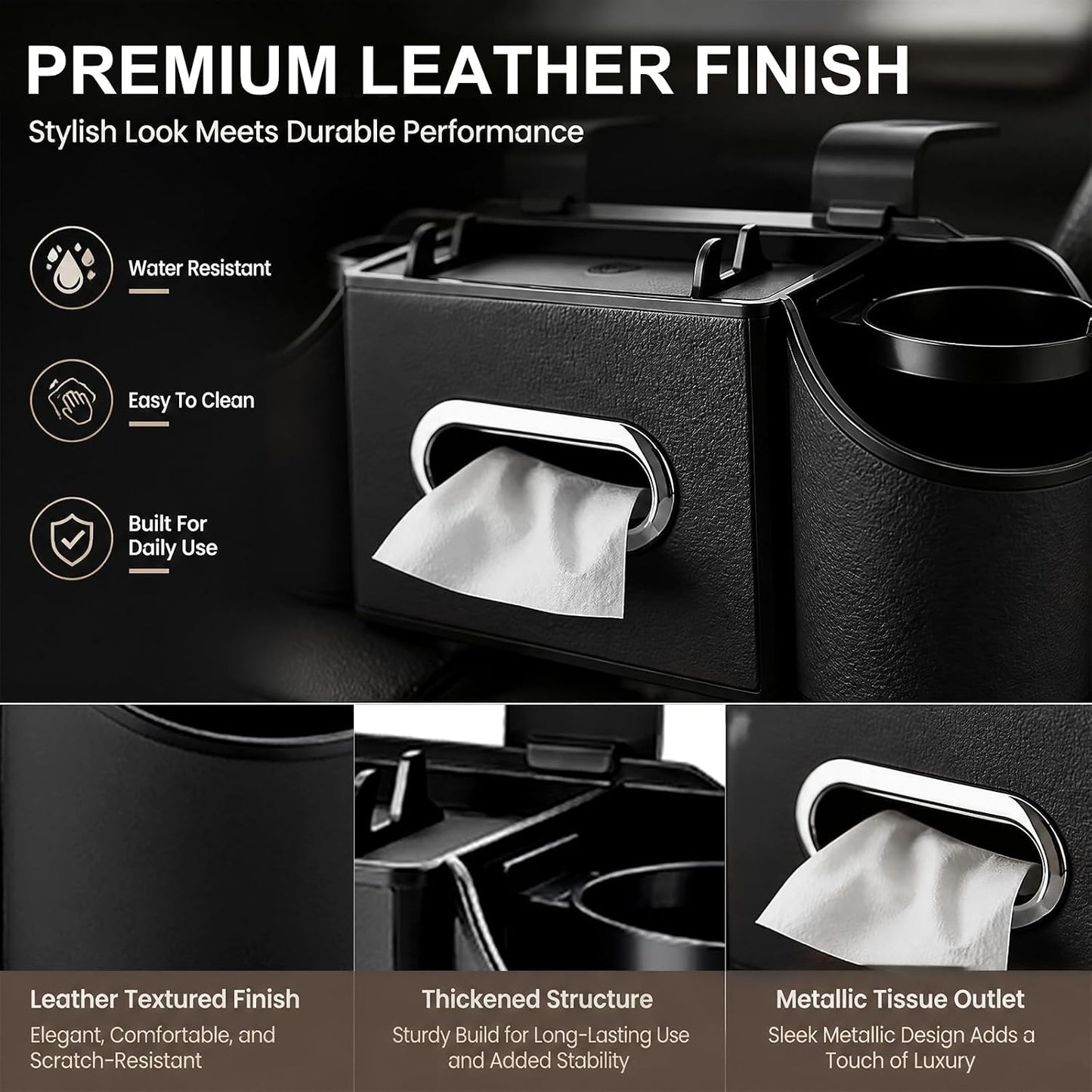 Backseat Car Organizer, 4-In-1 Car Organizer Back Seat with Cup Holder & Tissue Box, Multi-Pocket Car Back Seat Organizer for Phone, Drinks, Travel & Daily Use (Black)