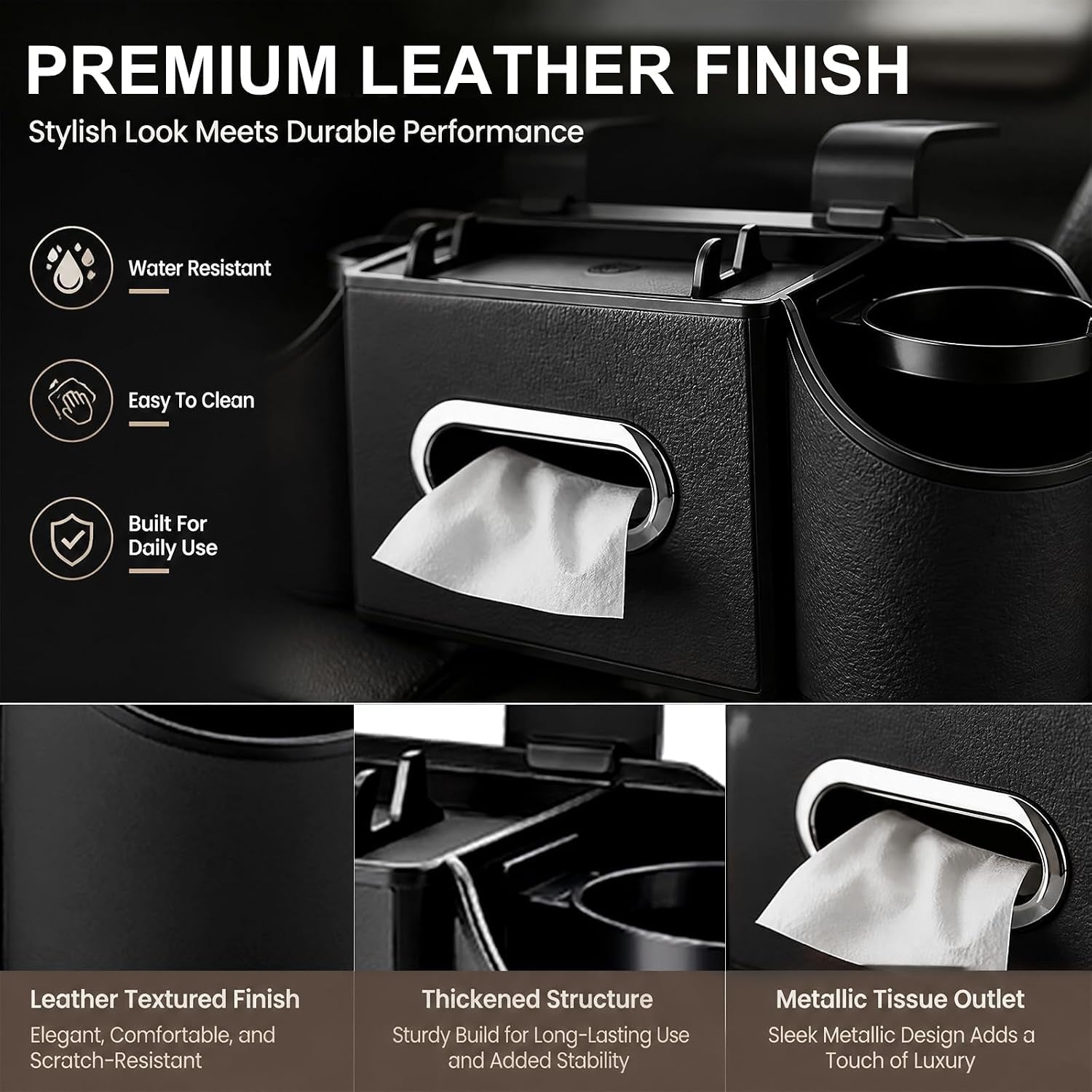 Backseat Car Organizer, 4-In-1 Car Organizer Back Seat with Cup Holder & Tissue Box, Multi-Pocket Car Back Seat Organizer for Phone, Drinks, Travel & Daily Use (Black)
