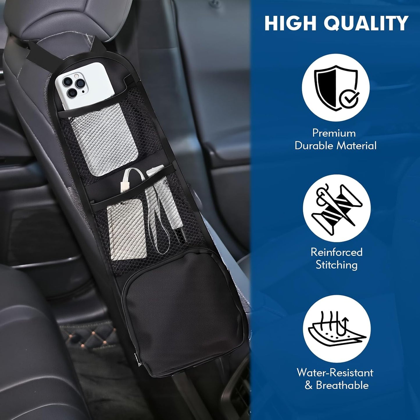 Car Organizer Front Seat, 2PCS Multi-Pocket Car Storage Organizer with Mesh Net, Durable Car Camping Essentials, Universal Car Seat Side Organizer for Cars, SUV & Truck(Black)