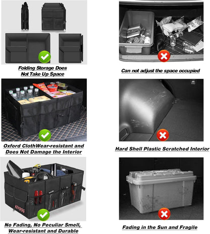 Sturdy Car Trunk Organizers and Storage, Waterproof Durable Collapsible Multi-Heavy Duty, Non-Slip Bottom & Adjustable Securing Straps - for Car, SUV, Truck, or Van (3 Compartments, Black)