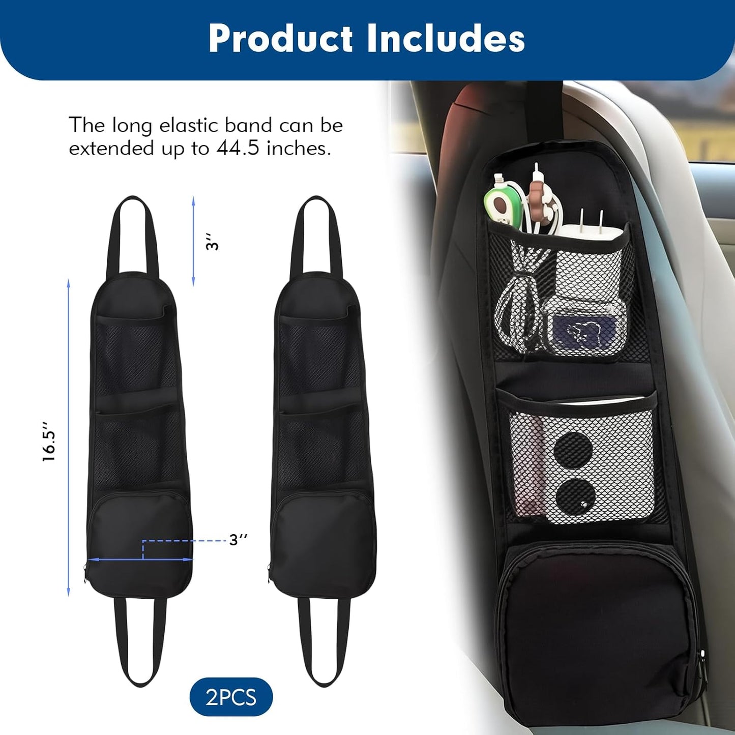 Car Organizer Front Seat, 2PCS Multi-Pocket Car Storage Organizer with Mesh Net, Durable Car Camping Essentials, Universal Car Seat Side Organizer for Cars, SUV & Truck(Black)