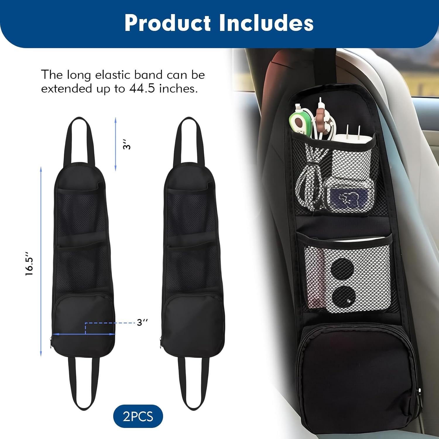 Car Organizer Front Seat, 2PCS Multi-Pocket Car Storage Organizer with Mesh Net, Durable Car Camping Essentials, Universal Car Seat Side Organizer for Cars, SUV & Truck(Black)