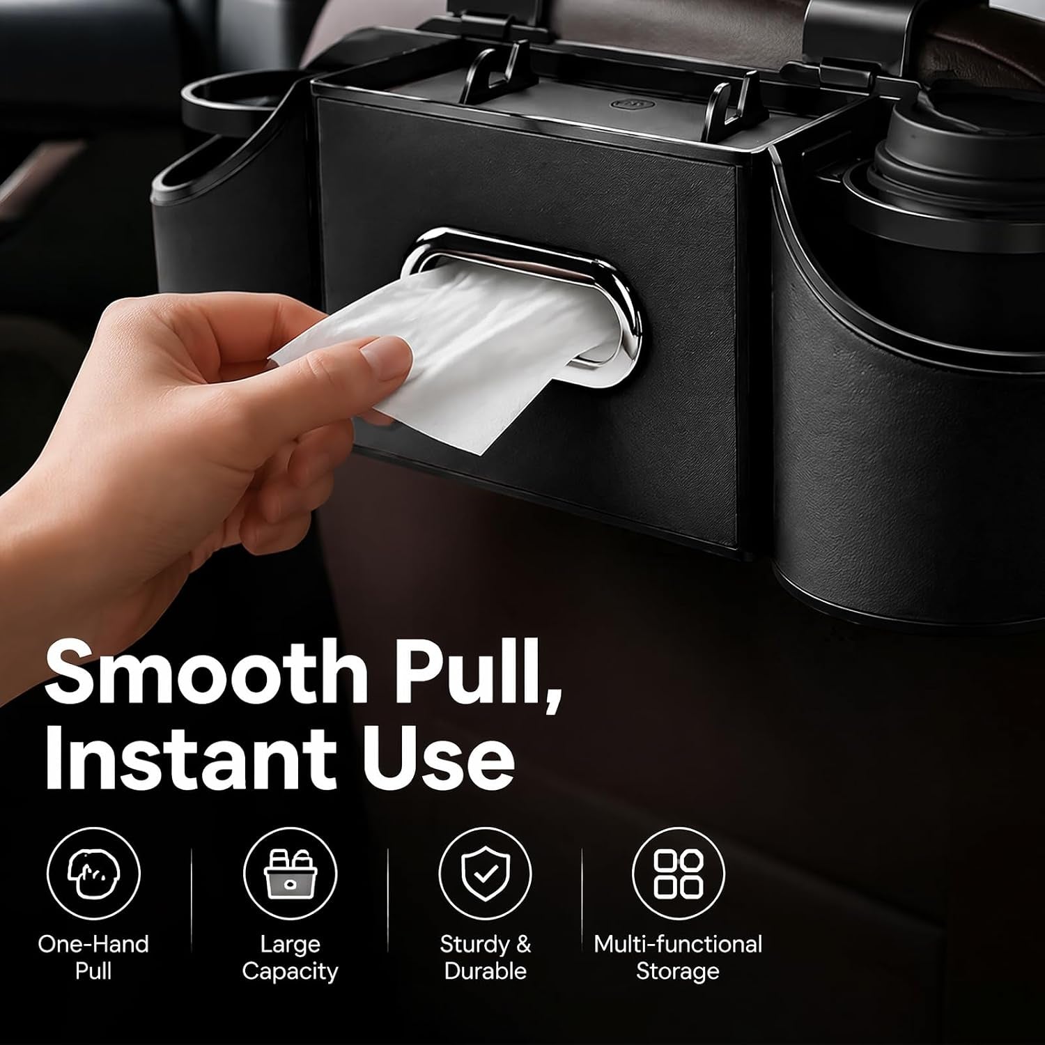 Backseat Car Organizer, 4-In-1 Car Organizer Back Seat with Cup Holder & Tissue Box, Multi-Pocket Car Back Seat Organizer for Phone, Drinks, Travel & Daily Use (Black)