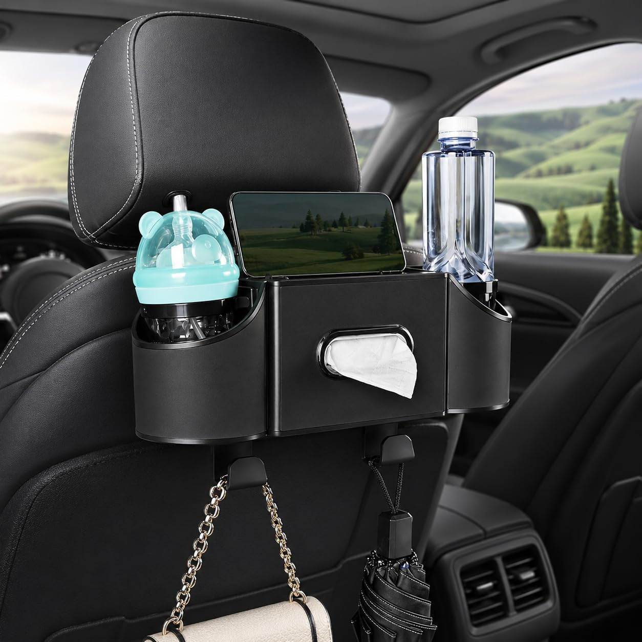 Backseat Car Organizer, 4-In-1 Car Organizer Back Seat with Cup Holder & Tissue Box, Multi-Pocket Car Back Seat Organizer for Phone, Drinks, Travel & Daily Use (Black)