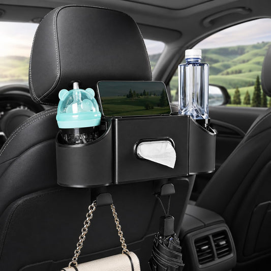 Backseat Car Organizer, 4-In-1 Car Organizer Back Seat with Cup Holder & Tissue Box, Multi-Pocket Car Back Seat Organizer for Phone, Drinks, Travel & Daily Use (Black)