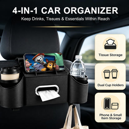 Backseat Car Organizer, 4-In-1 Car Organizer Back Seat with Cup Holder & Tissue Box, Multi-Pocket Car Back Seat Organizer for Phone, Drinks, Travel & Daily Use (Black)