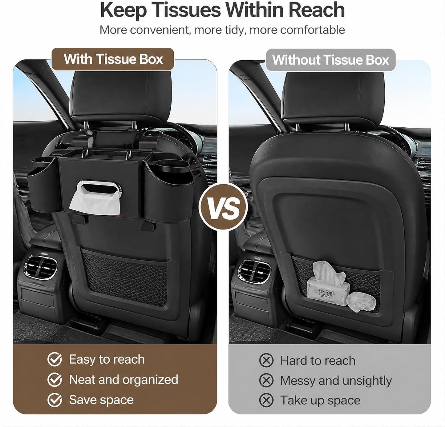 Backseat Car Organizer, 4-In-1 Car Organizer Back Seat with Cup Holder & Tissue Box, Multi-Pocket Car Back Seat Organizer for Phone, Drinks, Travel & Daily Use (Black)