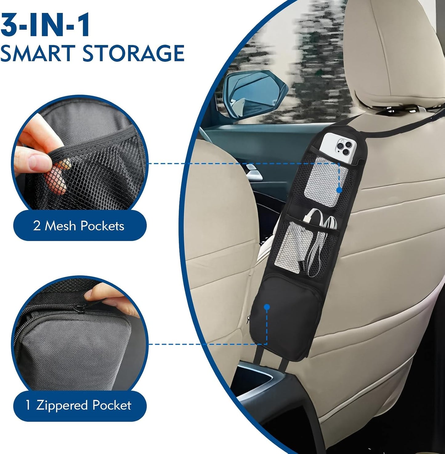 Car Organizer Front Seat, 2PCS Multi-Pocket Car Storage Organizer with Mesh Net, Durable Car Camping Essentials, Universal Car Seat Side Organizer for Cars, SUV & Truck(Black)