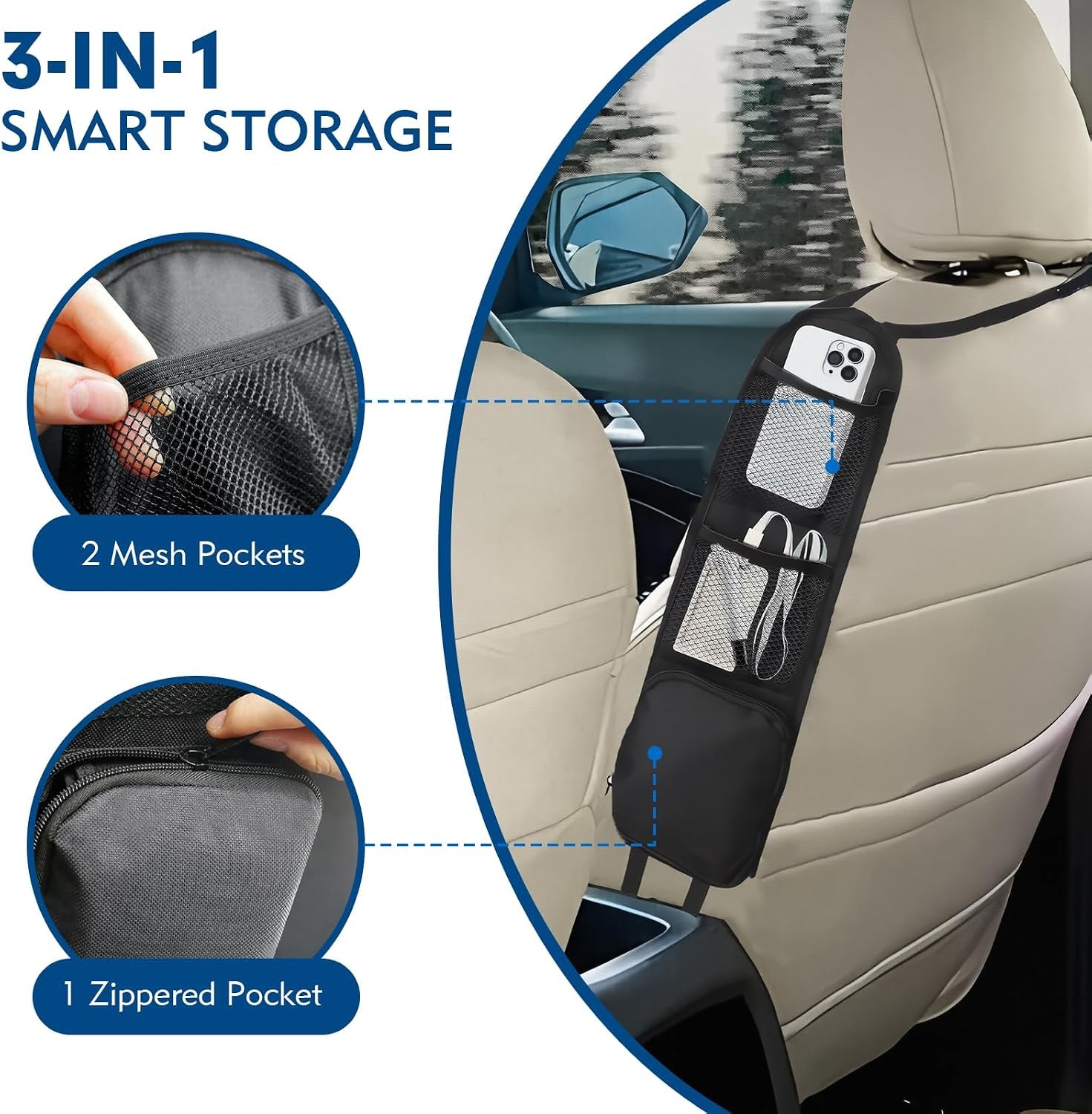 Car Organizer Front Seat, 2PCS Multi-Pocket Car Storage Organizer with Mesh Net, Durable Car Camping Essentials, Universal Car Seat Side Organizer for Cars, SUV & Truck(Black)
