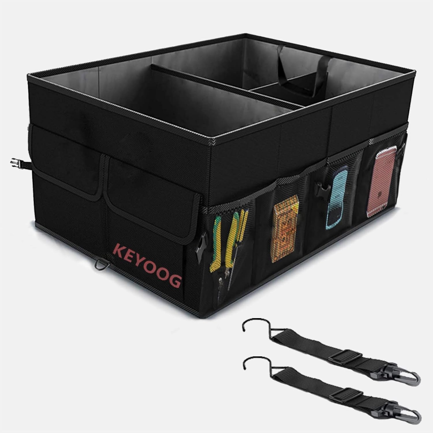 Sturdy Car Trunk Organizers and Storage, Waterproof Durable Collapsible Multi-Heavy Duty, Non-Slip Bottom & Adjustable Securing Straps - for Car, SUV, Truck, or Van (3 Compartments, Black)
